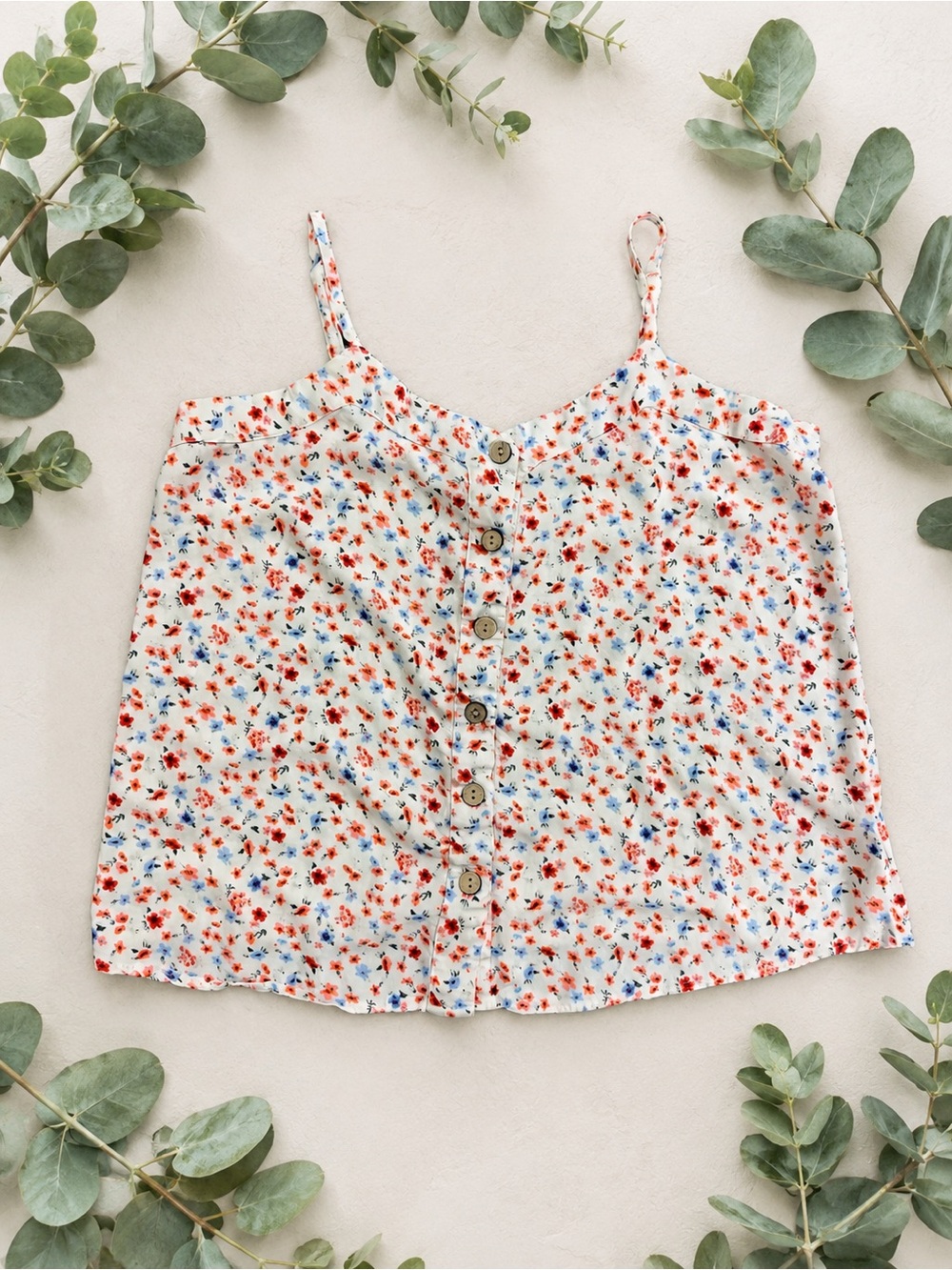 Pink Rose Floral Button Front Cami Tank Top Medium Cottagecore Boho